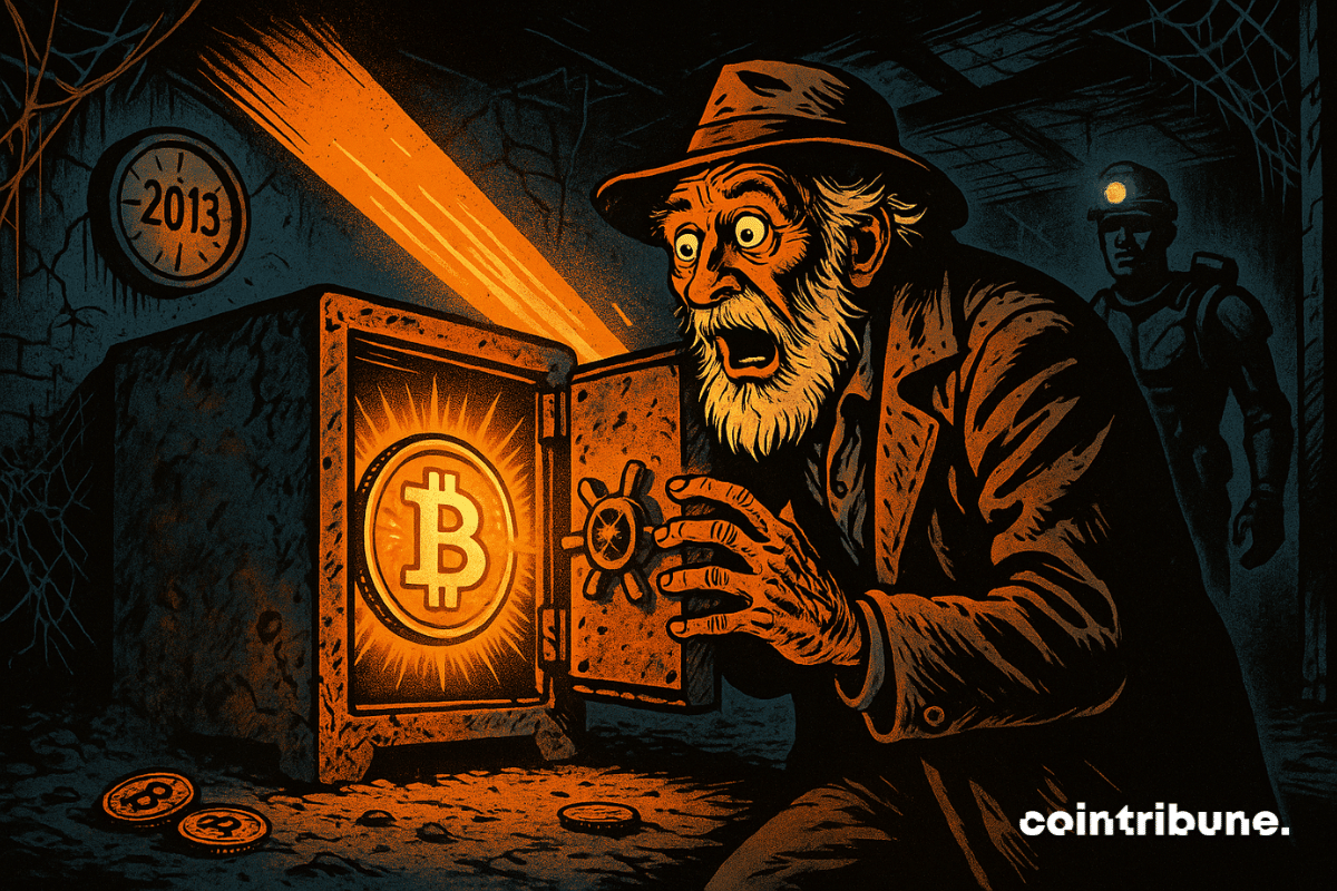 Un anciano aturdido descubre un cofre oxidado iluminado por un símbolo dorado de Bitcoin en un sótano oscuro.