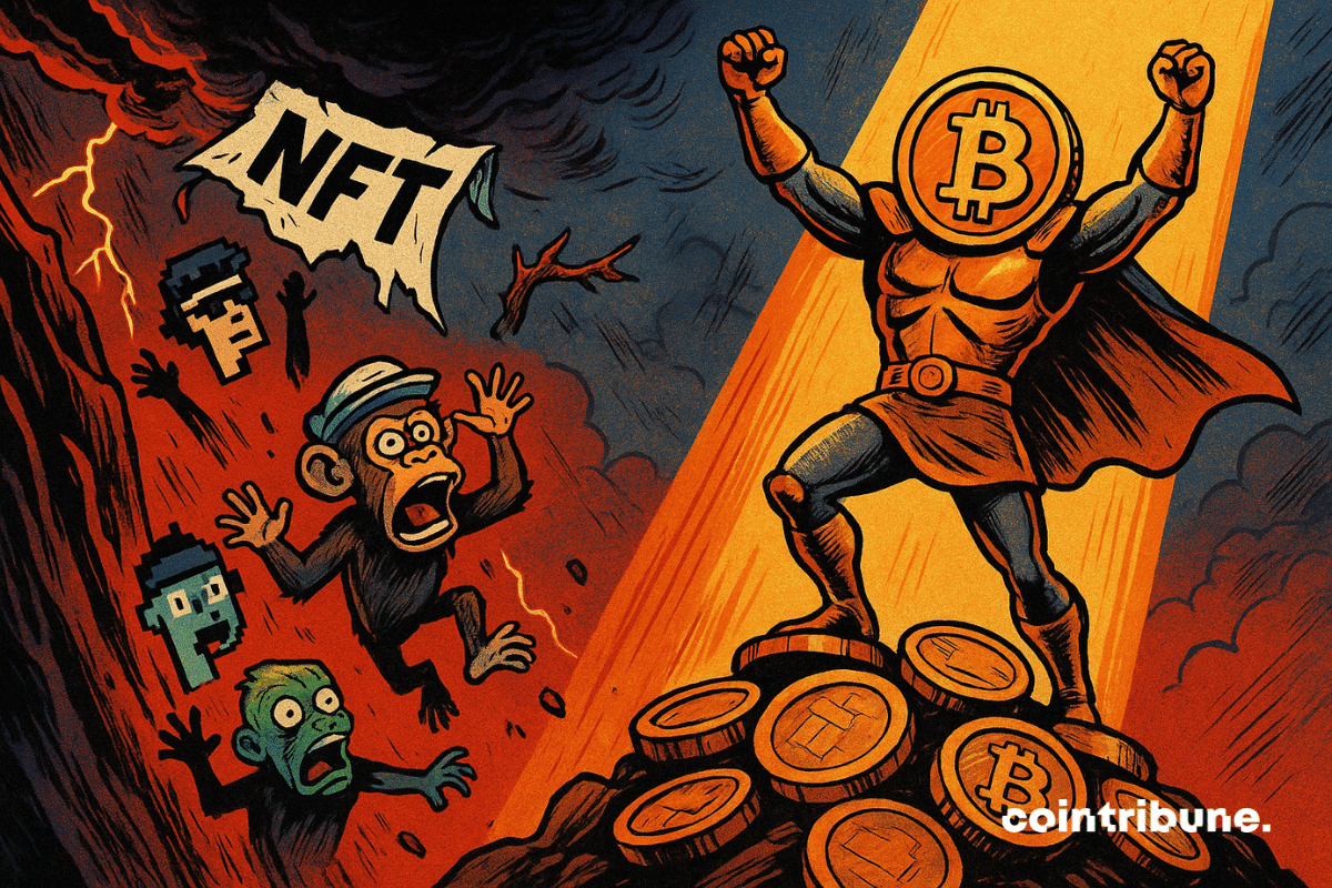 Illustration of a heroic Bitcoin triumphing as panicked NFTs plummet into a blazing abyss.