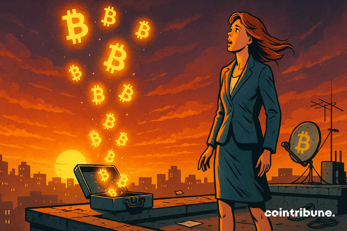 Une valise ouverte au bord du toit, avec des symboles ₿ lumineux s’envolant comme des lucioles devant une femme élégante, professionnelle, représentante d’un ancien monde crypto plein d’espoir.