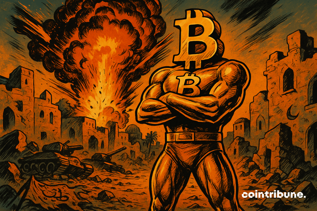 Un campo de batalla en un entorno desértico y urbano destruido. Un Bitcoin personificado como un superhéroe imponente con una armadura dorada, con el símbolo ₿ grabado en grande en el pecho. Una explosión congelada en el fondo, muy cercana pero sin afectar al personaje central, lo que simboliza la resistencia de la criptomoneda.