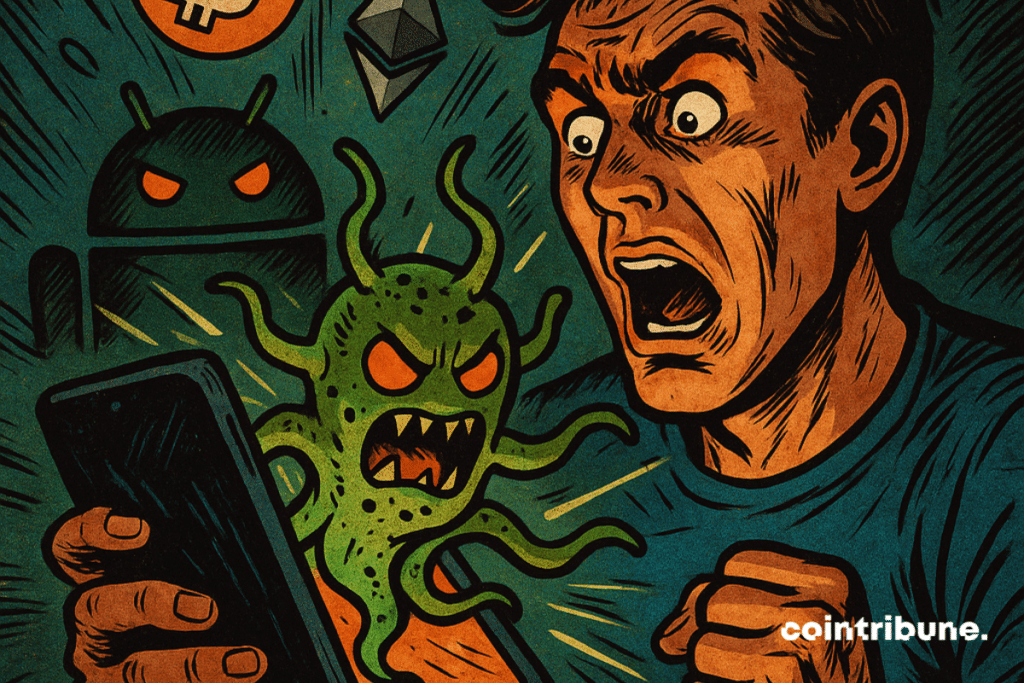 A monstrous Android virus bursts out of a smartphone, threatening bank and crypto accounts before a terrified user's eyes.