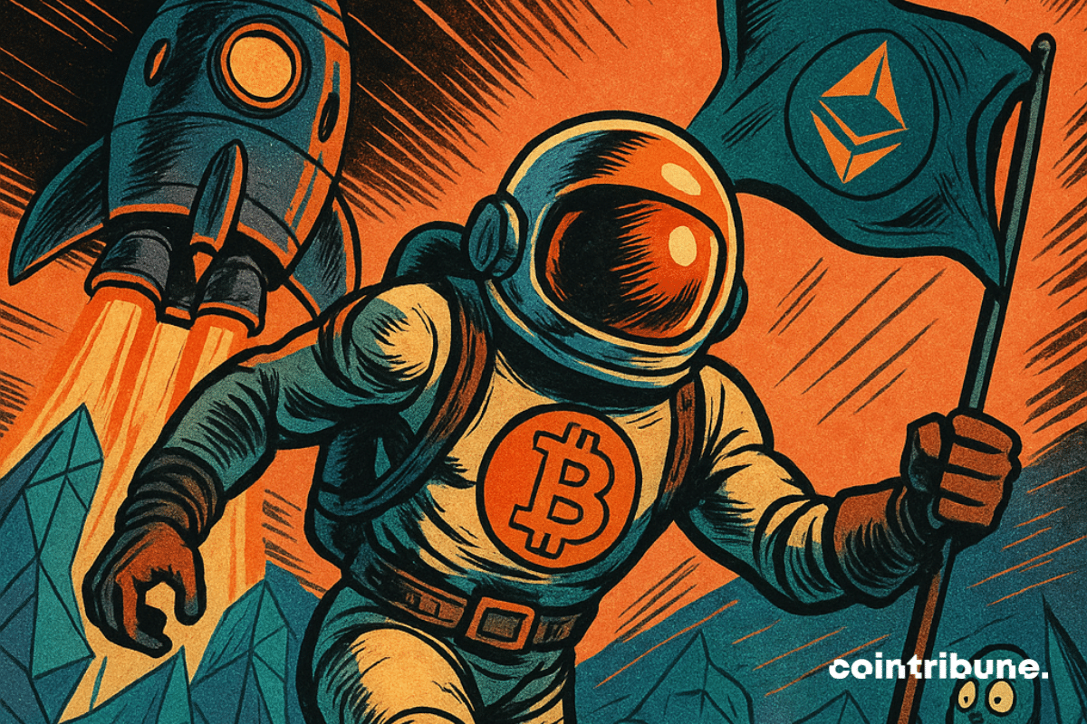 Un astronaute héroïque représentant Bitcoin descend d’un vaisseau spatial rétro-futuriste.