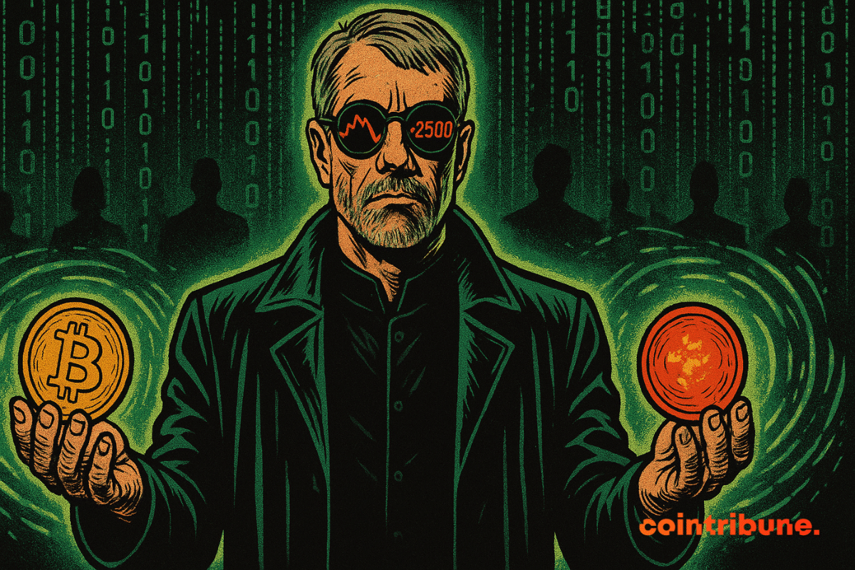 La imagen muestra una figura carismática inspirada en Michael Saylor, de pie en el centro de un universo digital similar a Matrix.