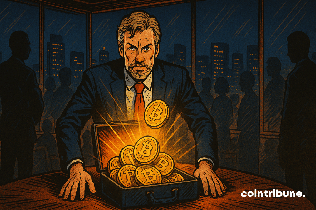 Michael Saylor standing in front of a briefcase containing Bitcoin.