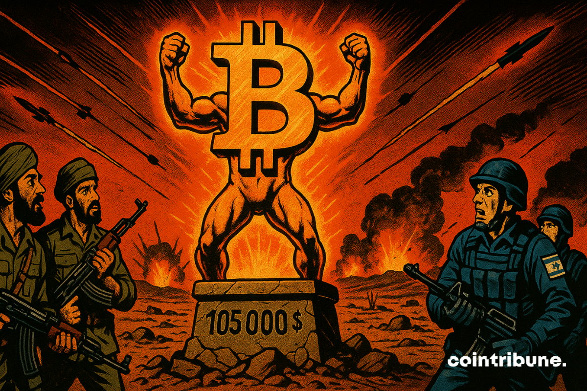 Une illustration d'une statue colossale de Bitcoin dressée au cœur d’un désert ravagé par la guerre.