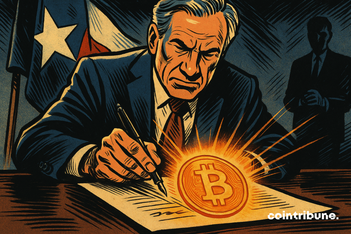 La imagen muestra a un gobernador de Texas y un documento iluminado por un emblema de Bitcoin.