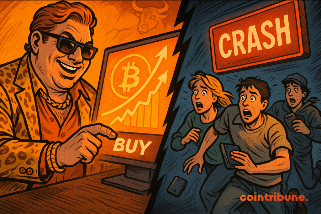 Scène divisée d'une baleine crypto achetant du Bitcoin alors que des commerçants de détail fuient un krach boursier.
