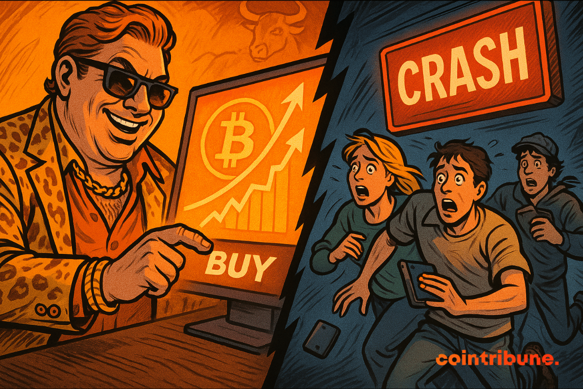 Split scene of a crypto whale buying Bitcoin as retail traders flee a market crash.