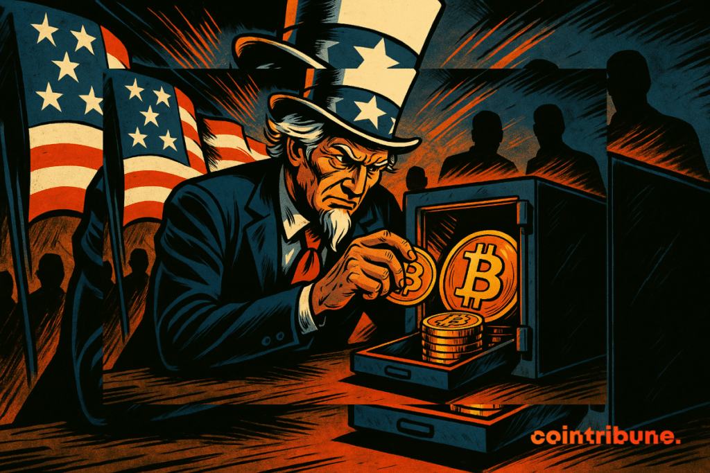 Un Oncle Sam déterminé range discrètement des pièces de Bitcoin dans un coffre-fort