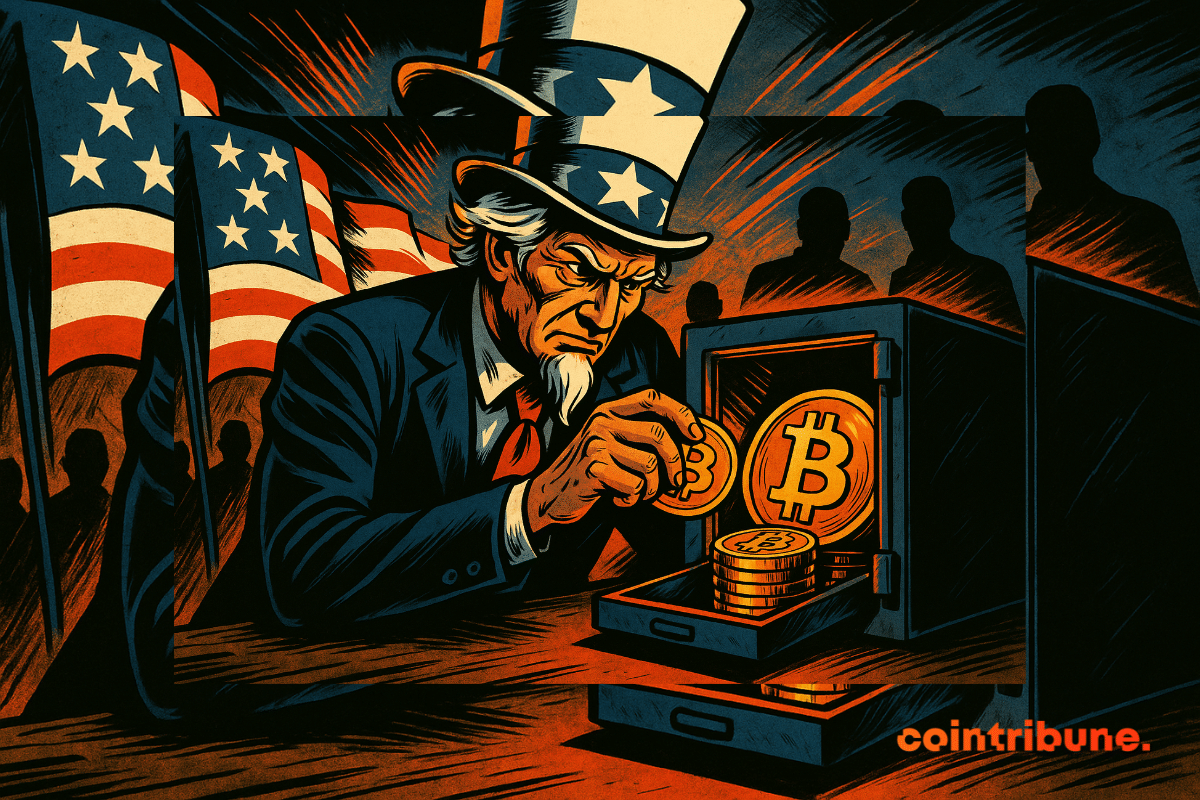 Un Oncle Sam déterminé range discrètement des pièces de Bitcoin dans un coffre-fort