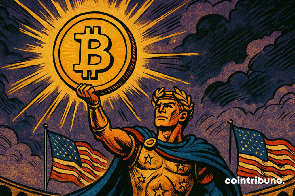 Illustration d'un empereur romain fictif lève un Bitcoin lumineux au-dessus de sa tête.