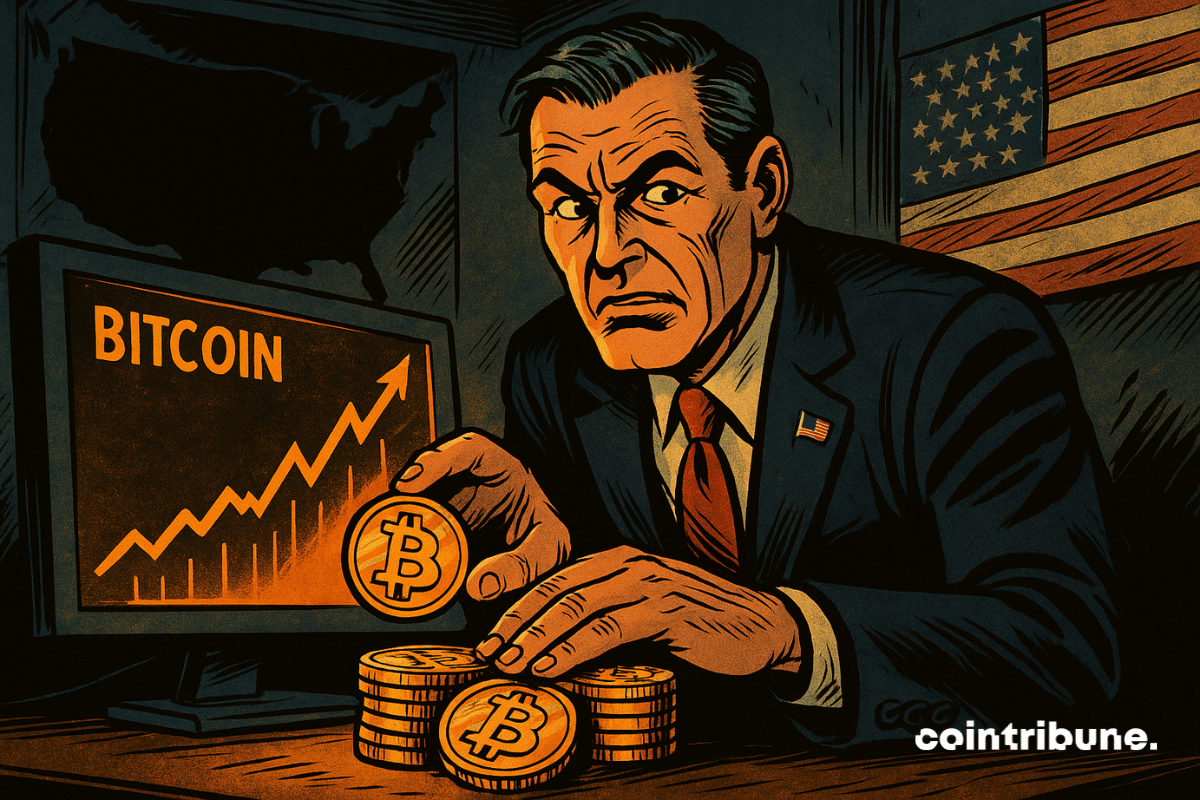Un agent gouvernemental américain accumule secrètement des Bitcoins dans un bureau sombre, sous le regard d’un graphique en forte hausse.