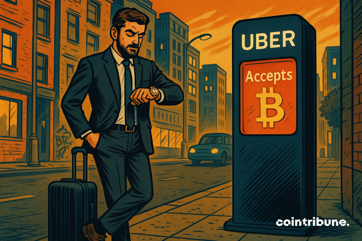 A modern professional client waits for an Uber vehicle next to a Bitcoin payment terminal.