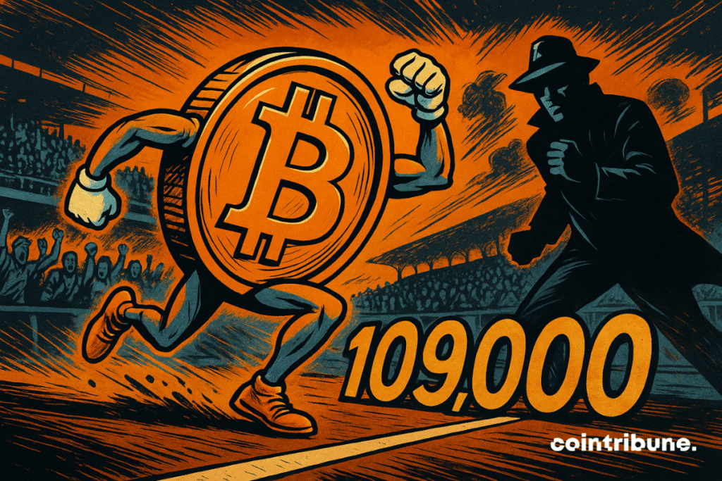 Bitcoin personified crosses the 9,000 mark to cheers, in an explosive vintage comic-style scene.
