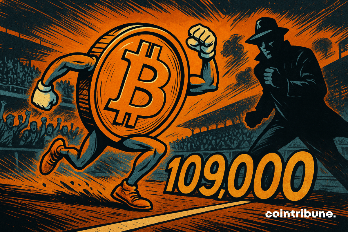 Bitcoin personnifié franchit la ligne des 109 000 $ sous les acclamations, dans une scène explosive façon comics vintage.
