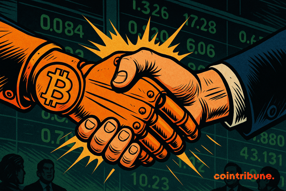 A robotic Bitcoin hand and a human business hand shake firmly in front of stock market numbers, symbolizing cooperation between crypto and traditional finance.