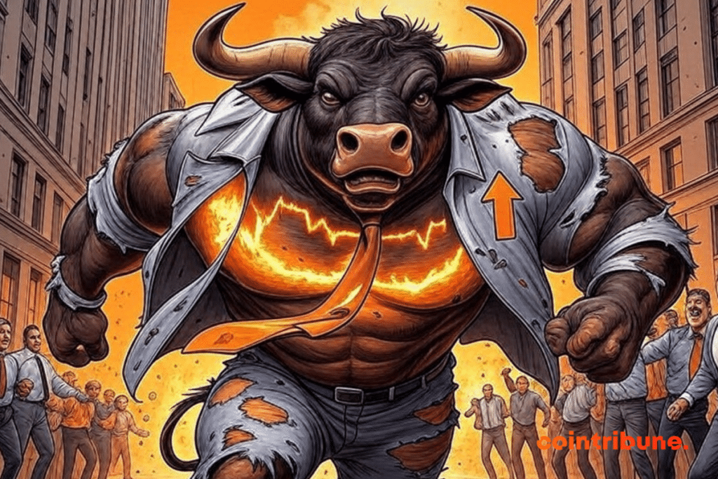 Un taureau anthropomorphe géant, musclé et imposant, vêtu de vêtements financiers déchirés (un gilet et une cravate en lambeaux), chargeant à travers Wall Street. Son torse musclé brille d'un graphique boursier enflammé, affichant des flèches montantes, symbolisant une forte hausse du marché. Derrière lui, des gratte-ciel tremblent, ajoutant à l'intensité de la scène. Des traders réagissent avec stupeur et émerveillement : certains acclament, d'autres fuient en panique. Une explosion de lumière orange éclaire la scène, soulignant l'action dynamique. Les traits d'encre noirs forts, le contraste élevé, et la dominance de la couleur orange créent une énergie comique saisissante, sans texte, capturant un moment d'euphorie et de mouvement dans le marché crypto.