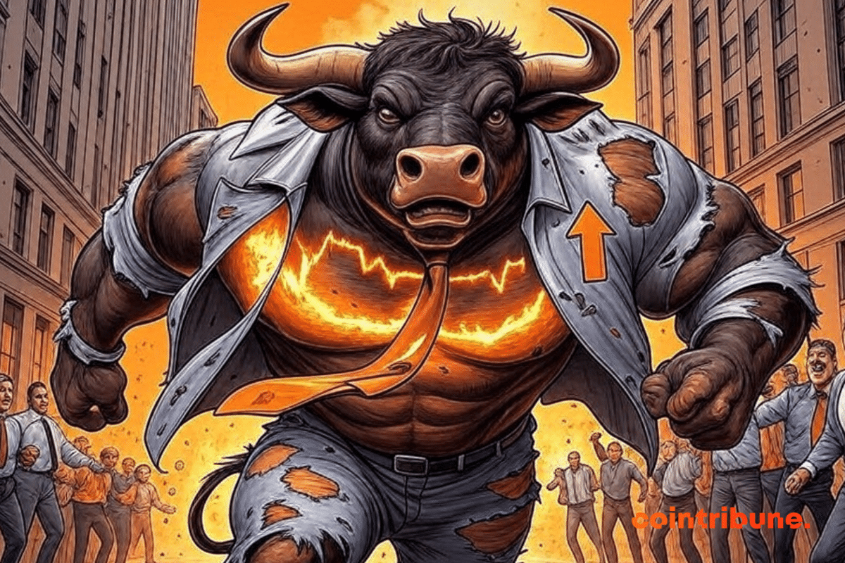 Un taureau anthropomorphe géant, musclé et imposant, vêtu de vêtements financiers déchirés (un gilet et une cravate en lambeaux), chargeant à travers Wall Street. Son torse musclé brille d'un graphique boursier enflammé, affichant des flèches montantes, symbolisant une forte hausse du marché. Derrière lui, des gratte-ciel tremblent, ajoutant à l'intensité de la scène. Des traders réagissent avec stupeur et émerveillement : certains acclament, d'autres fuient en panique. Une explosion de lumière orange éclaire la scène, soulignant l'action dynamique. Les traits d'encre noirs forts, le contraste élevé, et la dominance de la couleur orange créent une énergie comique saisissante, sans texte, capturant un moment d'euphorie et de mouvement dans le marché crypto.