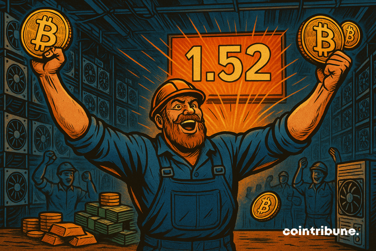 Un entrepreneur barbu d’une quarantaine d’années, en combinaison de technicien (bleu-gris, détails orange), debout sur une plateforme métallique de mining. Il tient dans chaque main une énorme pièce de Bitcoin (₿), très détaillée, dorée et lumineuse.