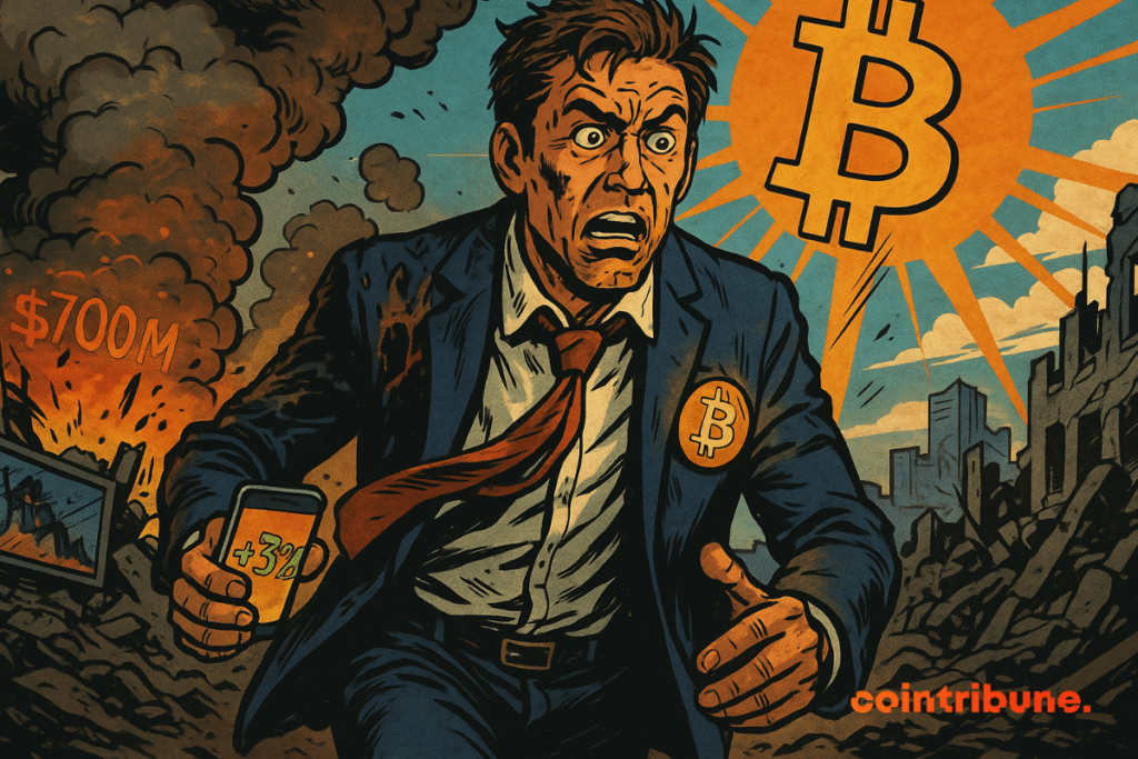 Shocked trader runs from explosion, holding phone showing +3%, with Bitcoin symbol glowing in sky.