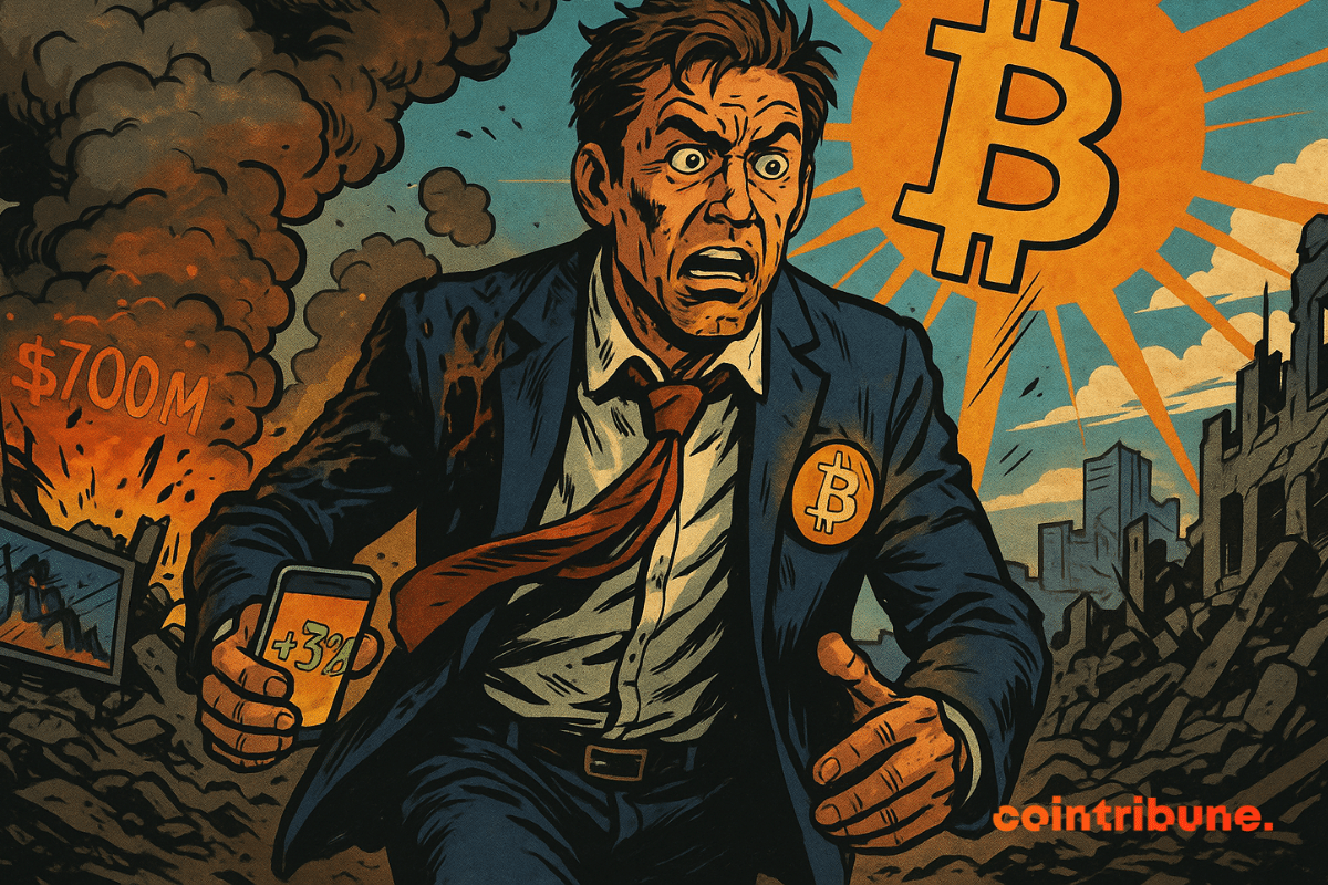 Shocked trader runs from explosion, holding phone showing +3%, with Bitcoin symbol glowing in sky.
