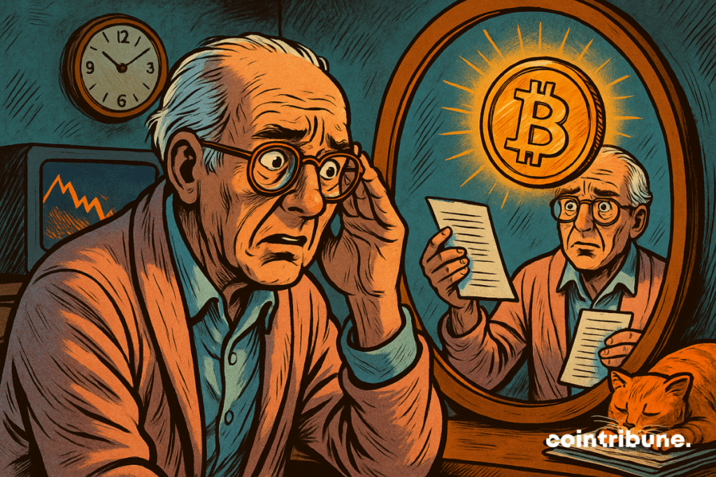 In a subdued, petrol-blue atmosphere, a retiree with a worried face sits in front of a wooden mirror. He wears a faded pink cardigan and round glasses. In the mirror's reflection, we see him holding a contract in one hand and a shiny Bitcoin surrounded by an orange halo of light in the other. His gaze is tense, reflecting his inner dilemma. On an old television behind him, a plummeting crypto graph accentuates the tension. To the right, a cat sleeps peacefully on some papers, contrasting with the character's anguish. The whole image evokes a crucial choice and the solitude of financial decisions.