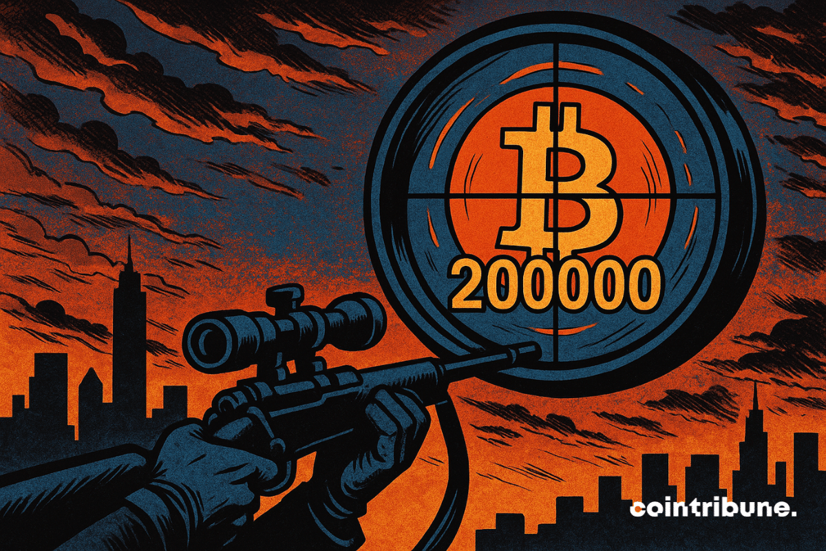 Um atirador de elite mira um enorme símbolo de Bitcoin marcado com "200.000" através da mira de seu rifle, em um céu brilhante e uma paisagem urbana escura. A imagem evoca a tensão e a precisão de uma meta financeira ambiciosa, no estilo de histórias em quadrinhos dos anos 1970, com contrastes intensos e um vibrante toque laranja.