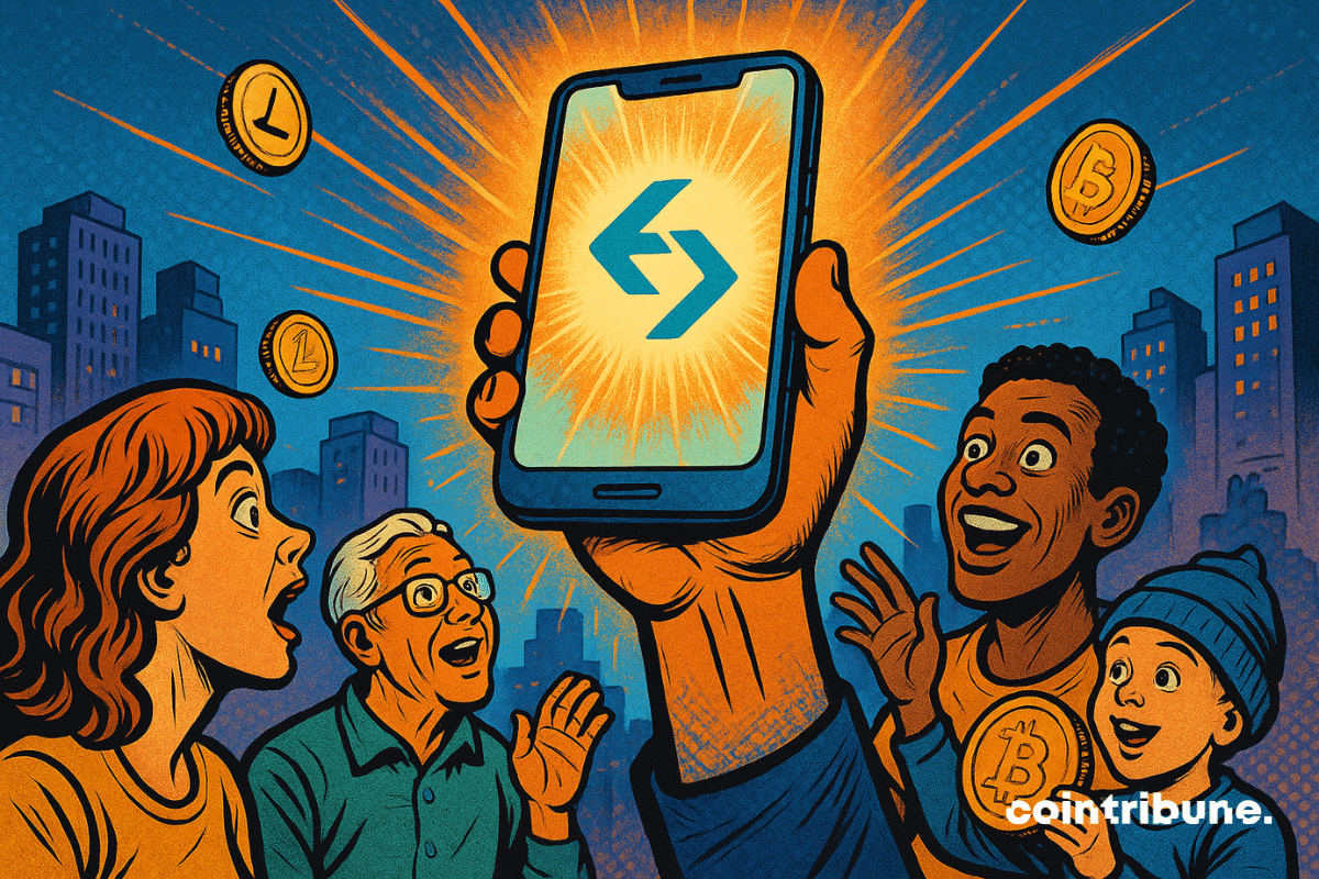 Illustration of a hand holding up a glowing smartphone with the Bitget logo, illuminating an amazed crowd of all ages.