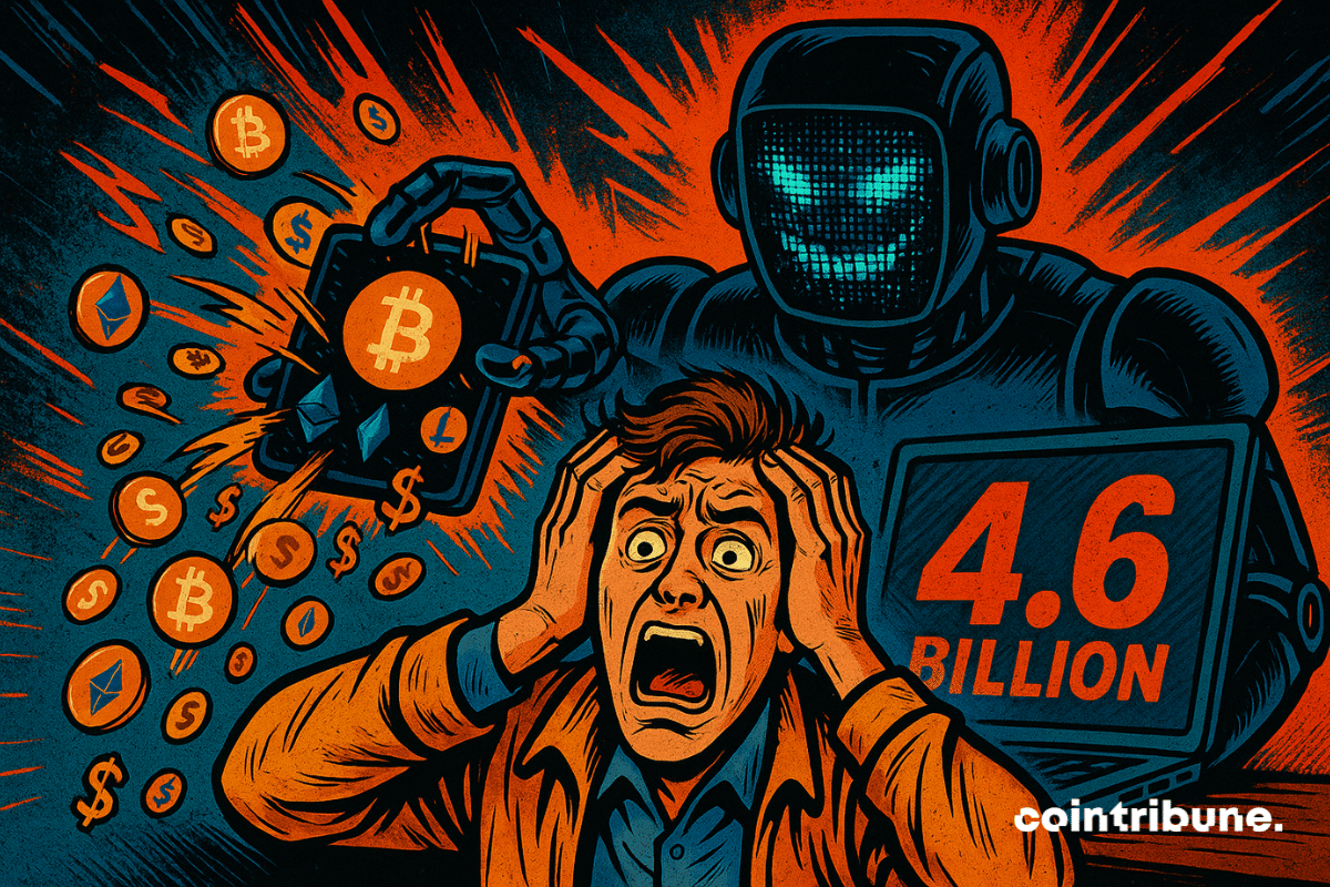 A horrified young man holds his head in his hands as a menacing-looking robot with a digital face and sinister smile steals his crypto wallet.