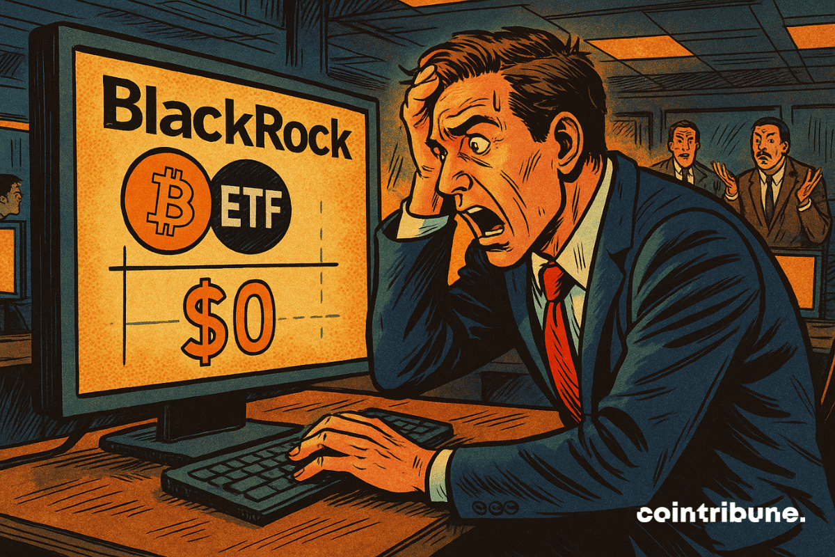 Illustration d'un trader qui fixe un écran d’ordinateur affichant le logo de BlackRock, un symbole Bitcoin, et la valeur “0 $”.