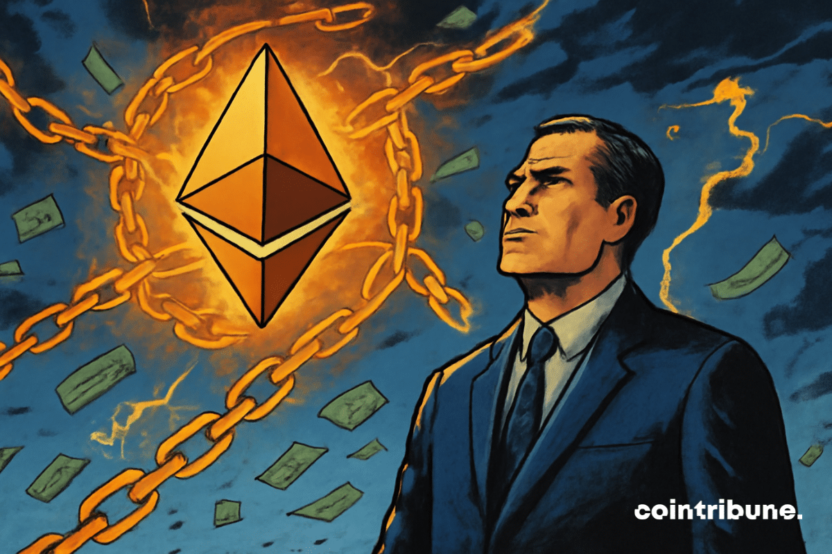 La crypto Ethereum éclate en chaînes lumineuses sous une pluie de billets devant un représentant de BlackRock impassible.