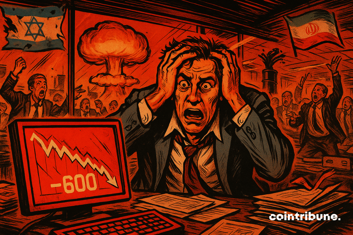 Ilustración de un operador en pánico sujetándose la cabeza en una sala de mercado caótica, frente a una pantalla roja que muestra una caída de −600 puntos.