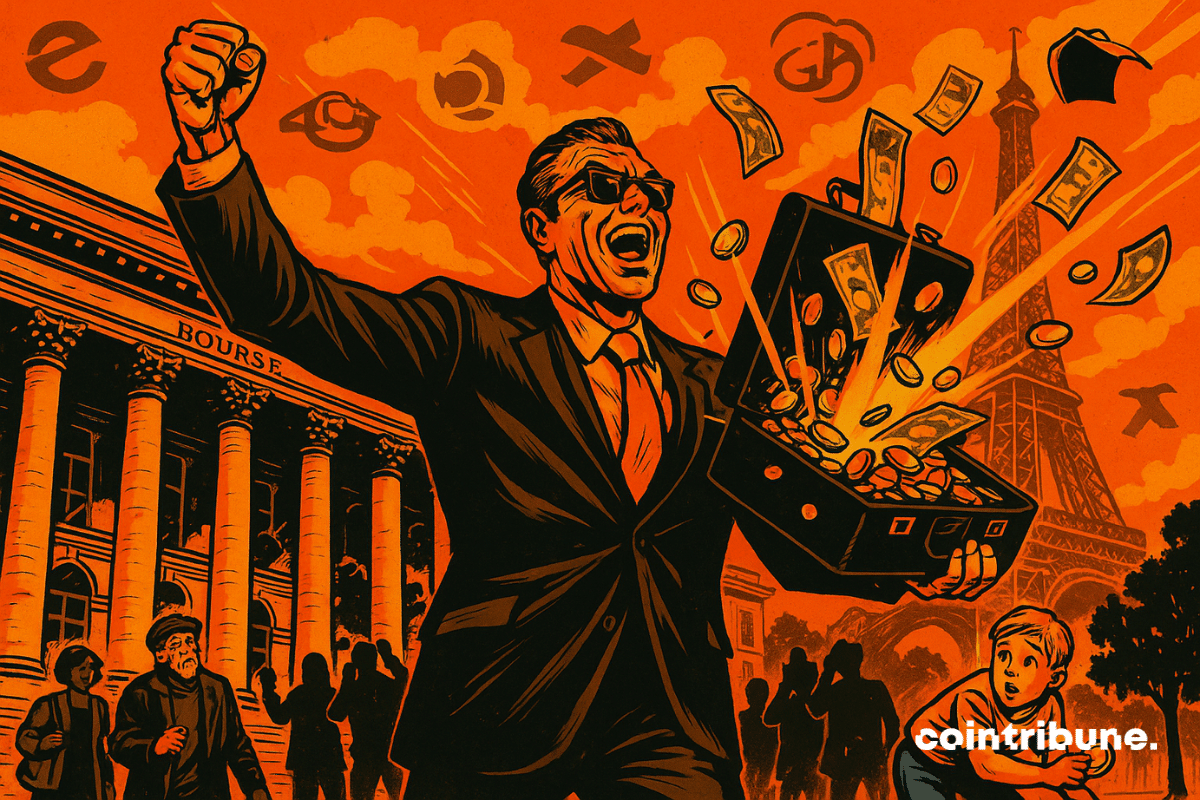 O CEO triunfante em frente à Bolsa de Valores, simbolizando o pagamento recorde de dividendos pelo CAC 40.