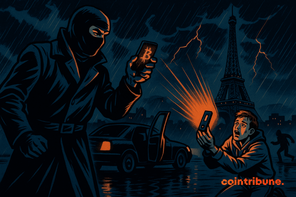 Ravisseur brandissant un téléphone au logo de Bitcoin, victime à genoux livrant sa clé crypto, avec comme fond la Tour Eiffet