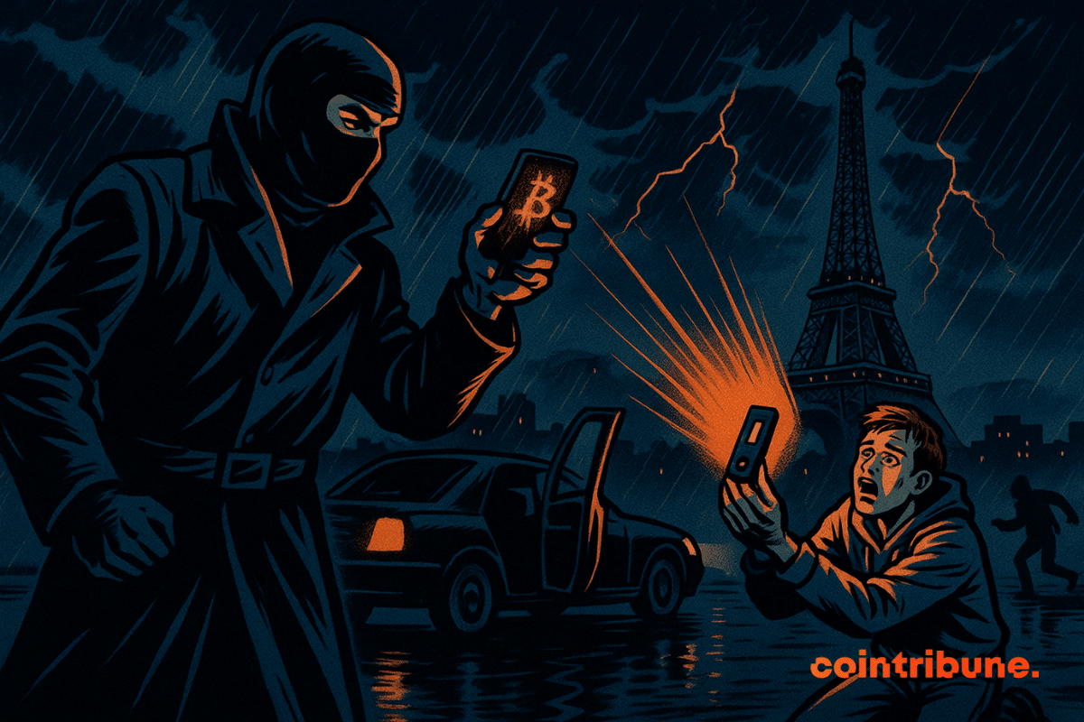 Ravisseur brandissant un téléphone au logo de Bitcoin, victime à genoux livrant sa clé crypto, avec comme fond la Tour Eiffet