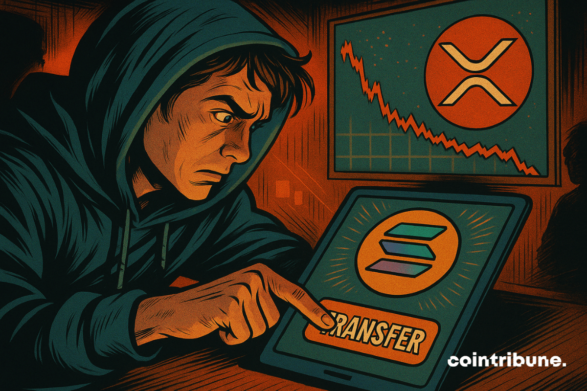 Panic-stricken trader pressing “Transfer” on a Solana logo screen