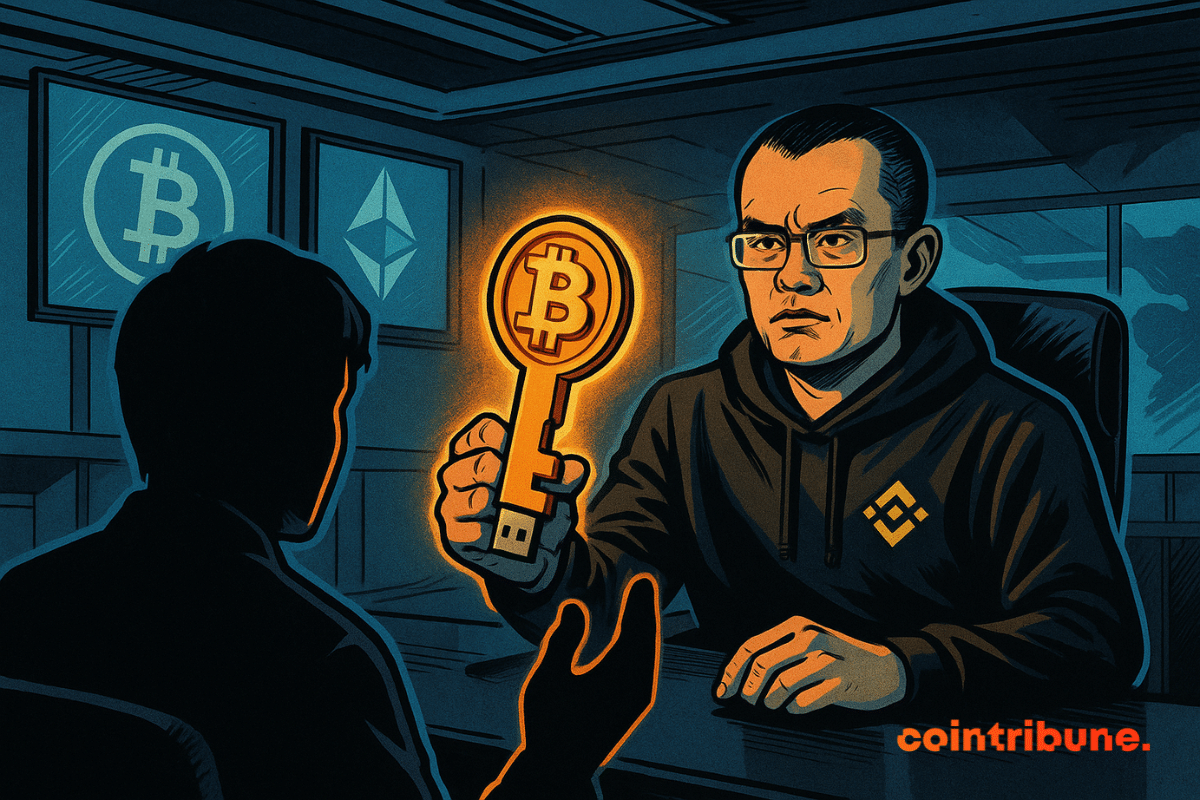 CZ de Binance remettant un clé USB au logo de Bitcoin à un individu