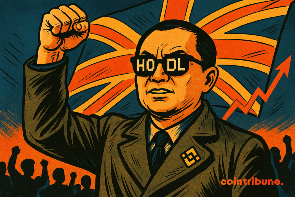 CZ, vêtu comme un leader de propagande vintage, lève le poing en signe de victoire devant un drapeau hybride Union Jack/Binance.