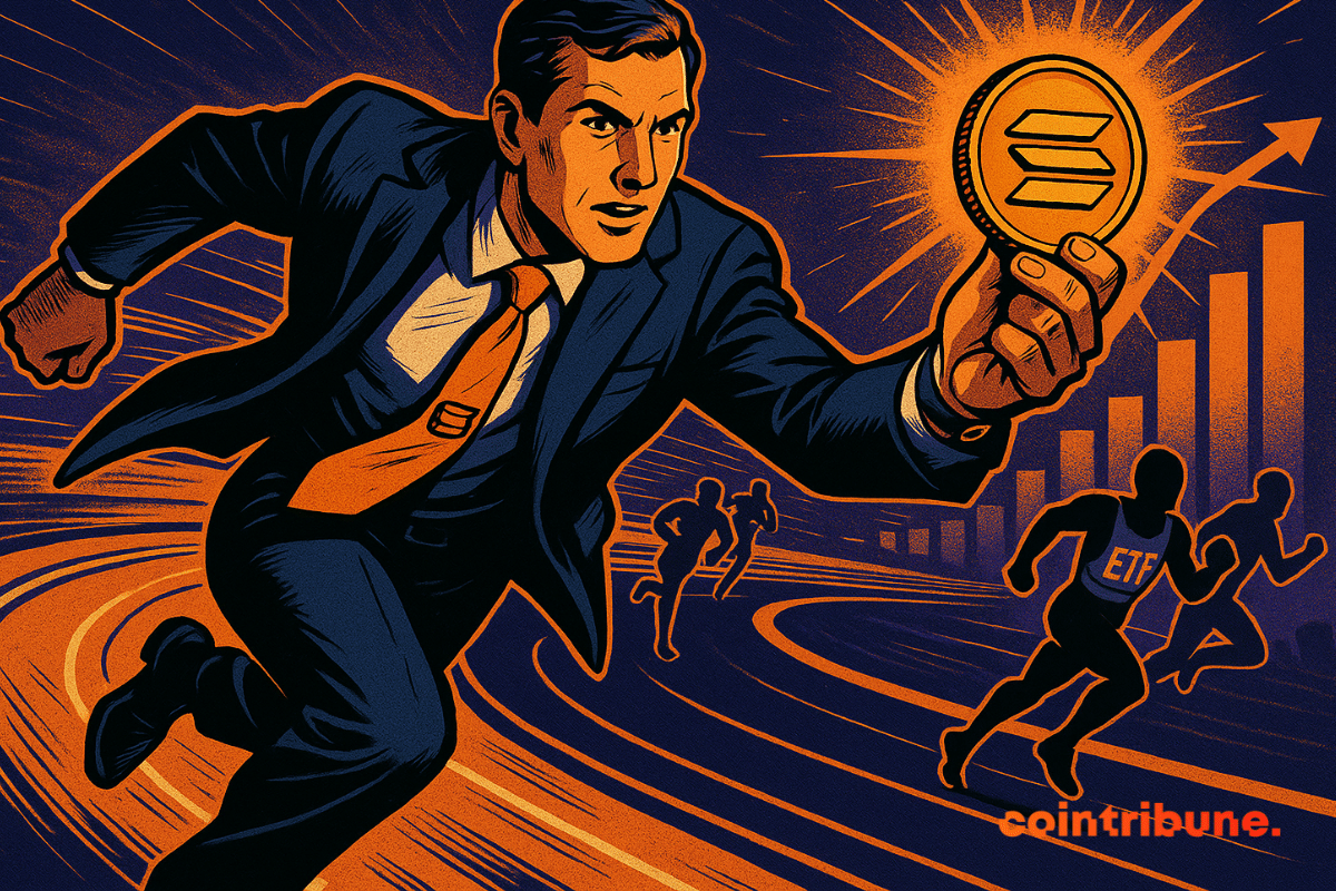 Agente de CoinShare sosteniendo una moneda Solana brillante, compitiendo por delante de los corredores de ETF en una pista financiera.