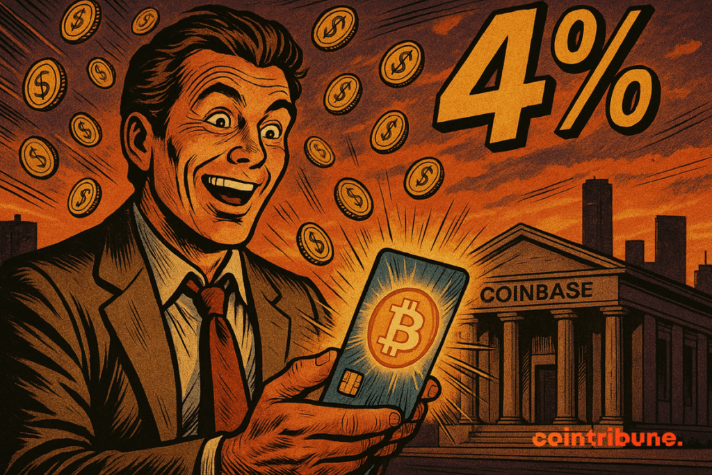 Coinbase user smiling at a 4% Bitcoin reward on his phone.