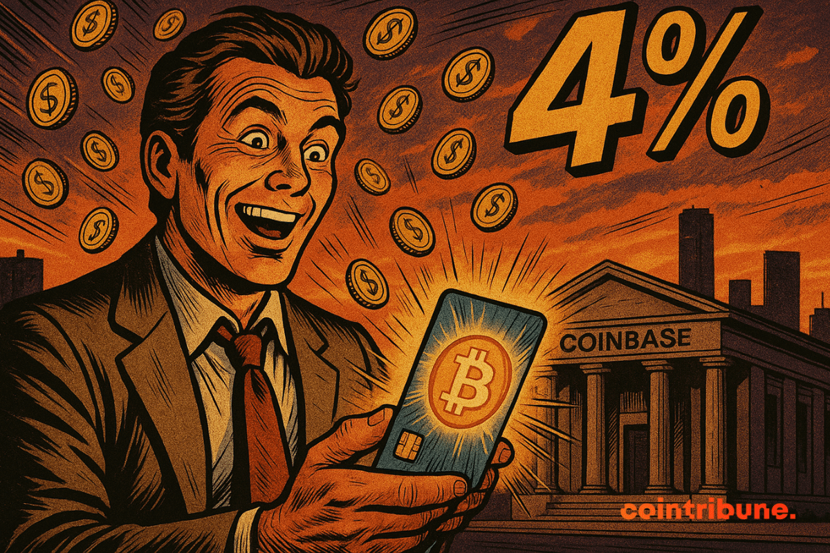 Un utilisateur de Coinbase sourit à la récompense de 4 % en bitcoins sur son téléphone.