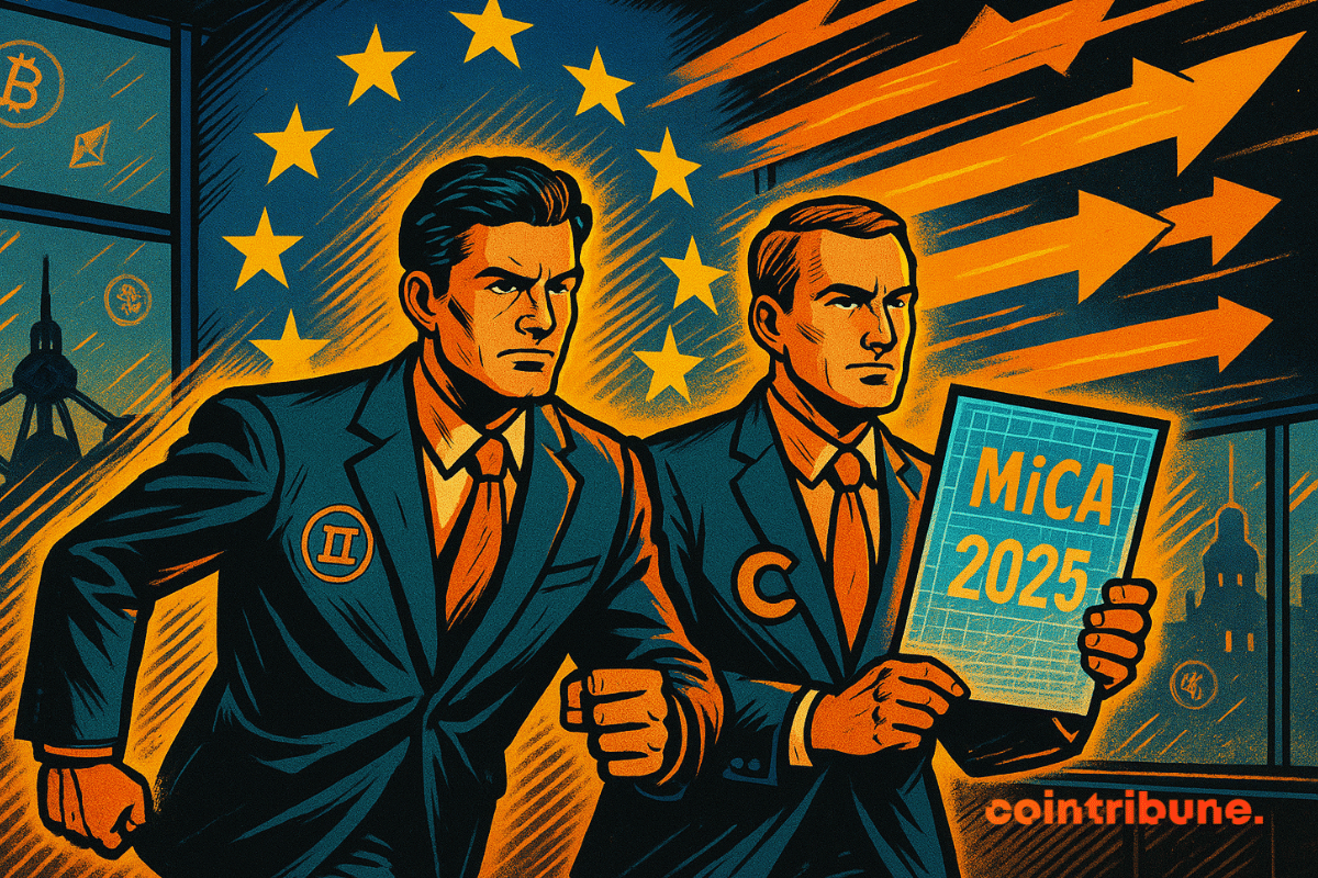 Gemini and Coinbase with glowing MiCA 2025 before EU flag.