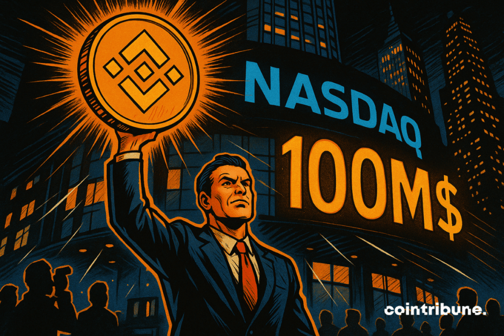 A man holds up BNB crypto in front of the Nasdaq building.