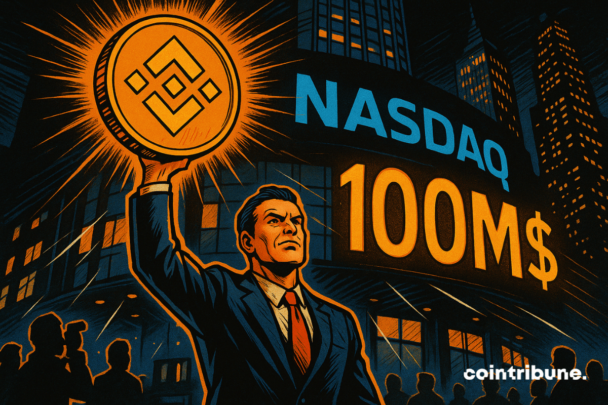 A man holds up BNB crypto in front of the Nasdaq building.