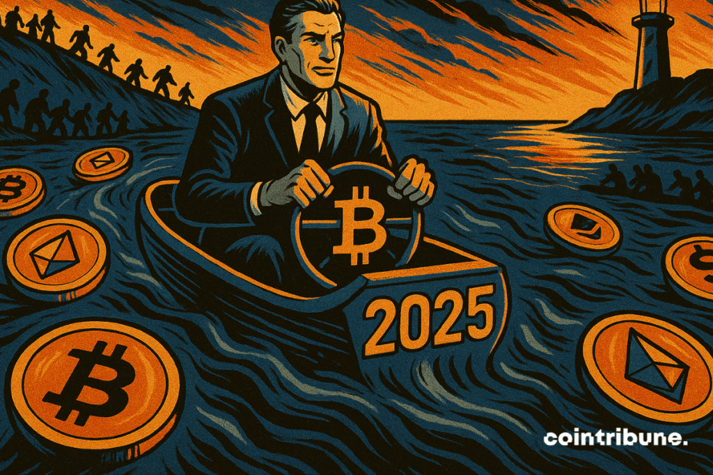 A trader navigates a boat labelled "2025" through a river of glowing crypto coins at sunset.
