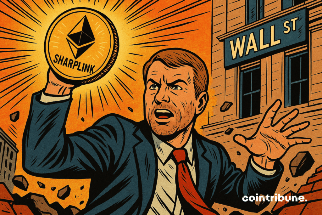Illustration of a businessman brandishing the Ethereum cryptocurrency labeled