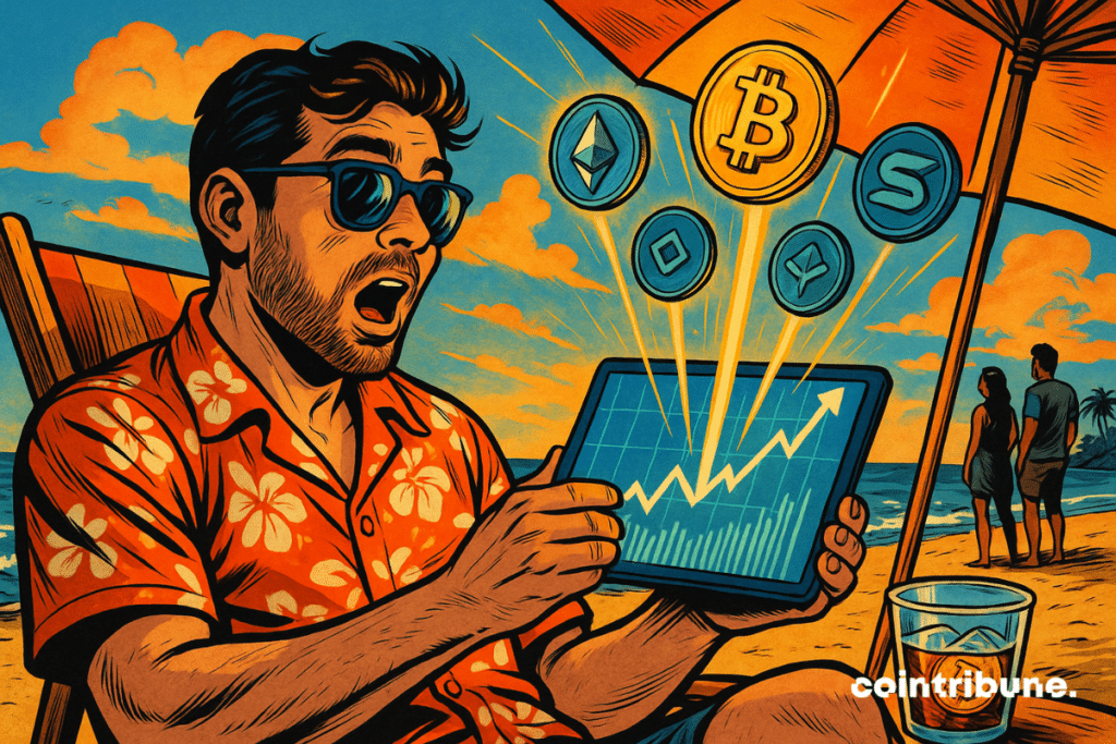 Un investisseur crypto à la plage, ambiance estivale et surprise numérique. Assis dans un transat sous un parasol blanc-orange, légèrement penché en avant, tablette tenue à deux mains. Elle affiche un graphique ultra-haussier avec 5 jetons flottants au-dessus de l’écran : Bitcoin (BTC), Ethereum (ETH), Solana (SOL), deux autres stylisés.