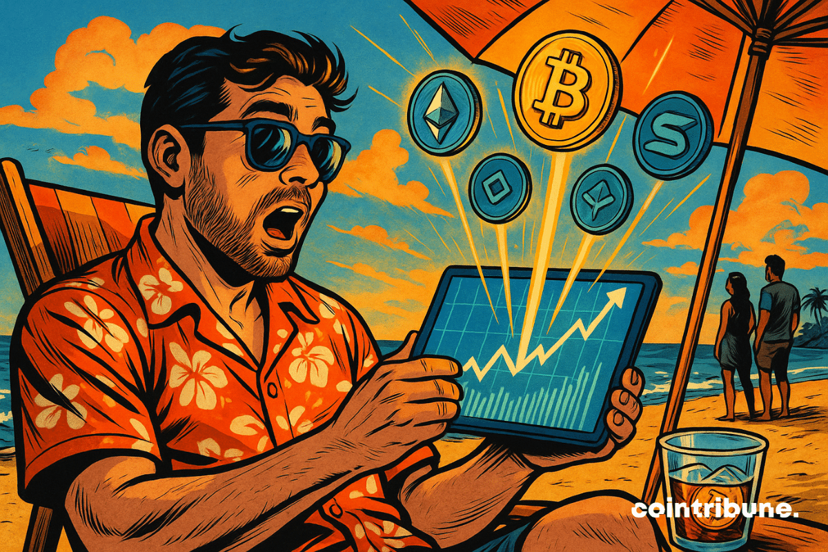 Un investisseur crypto à la plage, ambiance estivale et surprise numérique. Assis dans un transat sous un parasol blanc-orange, légèrement penché en avant, tablette tenue à deux mains. Elle affiche un graphique ultra-haussier avec 5 jetons flottants au-dessus de l’écran : Bitcoin (BTC), Ethereum (ETH), Solana (SOL), deux autres stylisés.