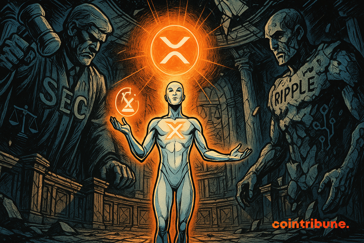 Illustration d'une figure lumineuse représentant la crypto XRP se tient entre deux titans de pierre.