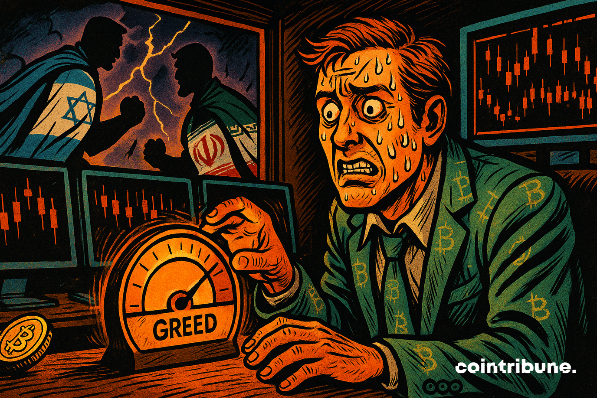 L’image montre un trader crypto en sueur, assis dans une salle de marché sombre, les yeux écarquillés de panique.